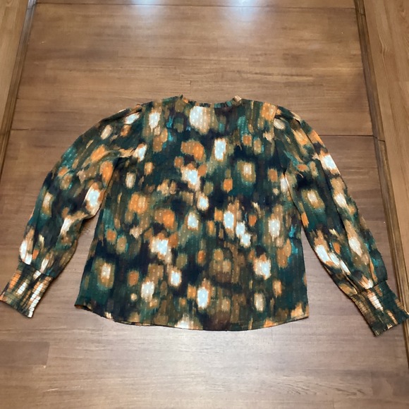 Calvin Klein Womens Green Abstract Clip Dot Blouse Smocked Cuff M w/undershirt - Picture 12 of 12